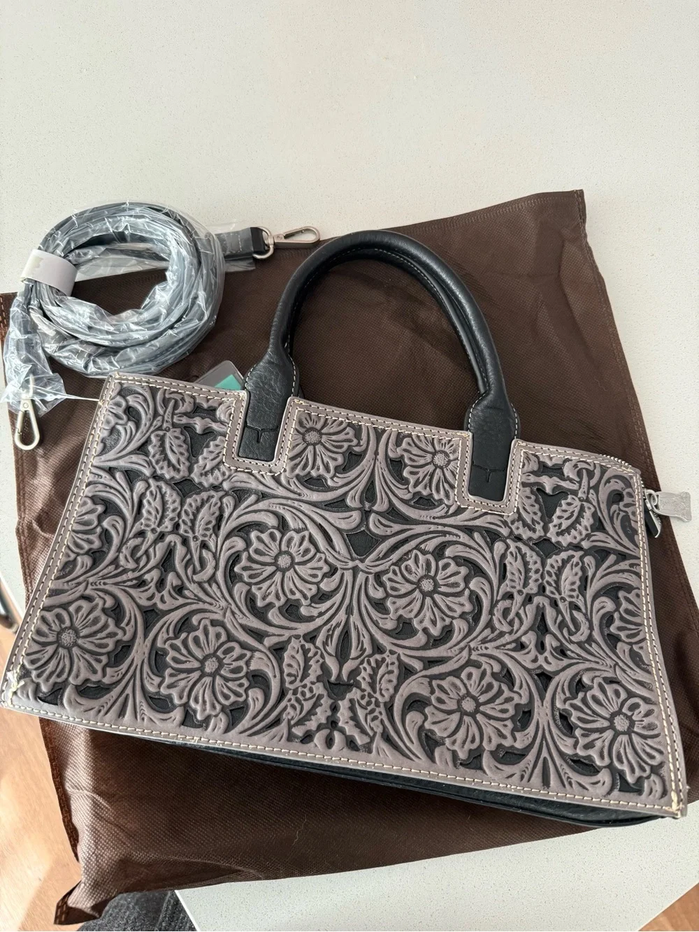 Women's Embossed Floral Satchel Tote in Taupe and Black